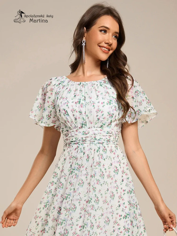 Jednoduché květované šifonové šaty po kolena "Lola" s krátkým rukávem