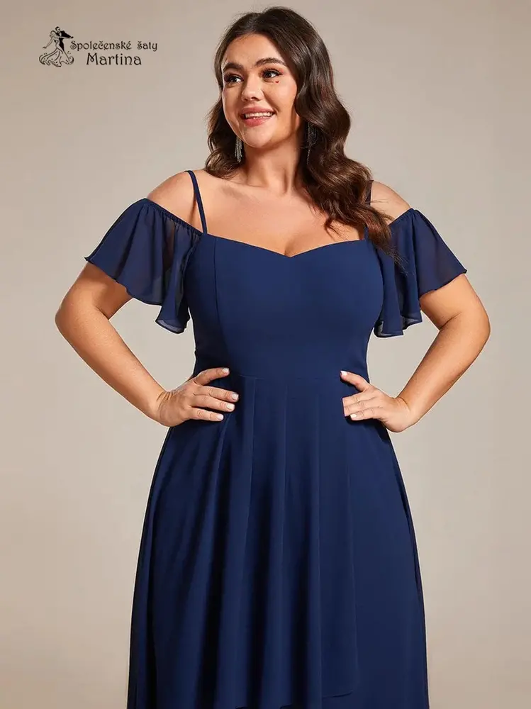Tmavě modré XXL asymetrické šaty "Belinda" se spadenými rukávy