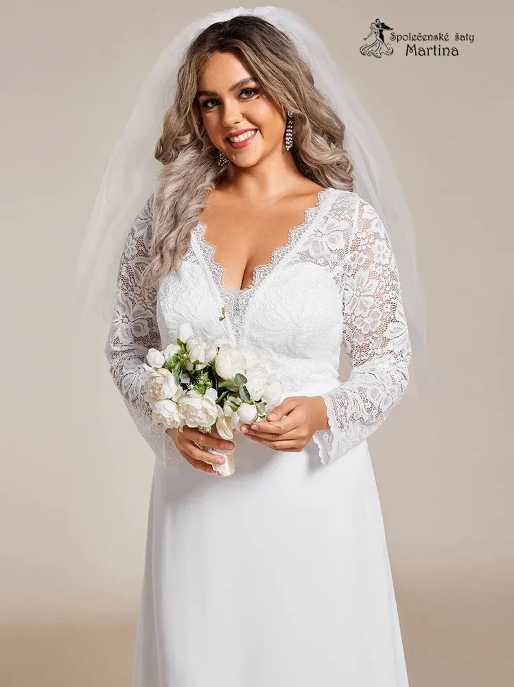 Bílé plus size svatební šifonové šaty s krajkovým živůtkem a dlouhým rukávem "Akira"