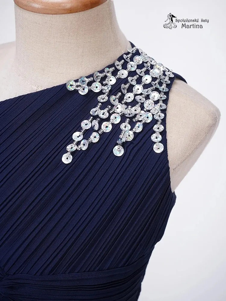 Tmavě modré asymetrické dívčí šaty "Nikolka" na jedno rameno - vel. 12