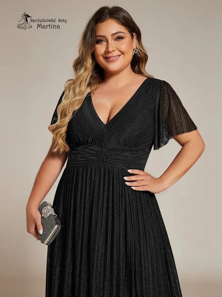 Černé plus size žebrované společenské šaty "Ebonny" s krátkými rukávy 