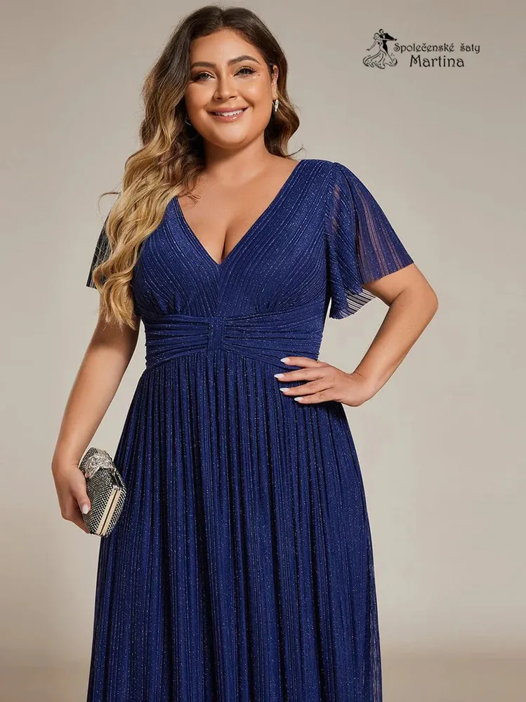 Tmavě modré plus size žebrované společenské šaty "Ebonny" s krátkými rukávy