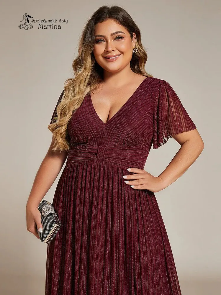 Vínové plus size žebrované společenské šaty "Ebonny" s krátkými rukávy