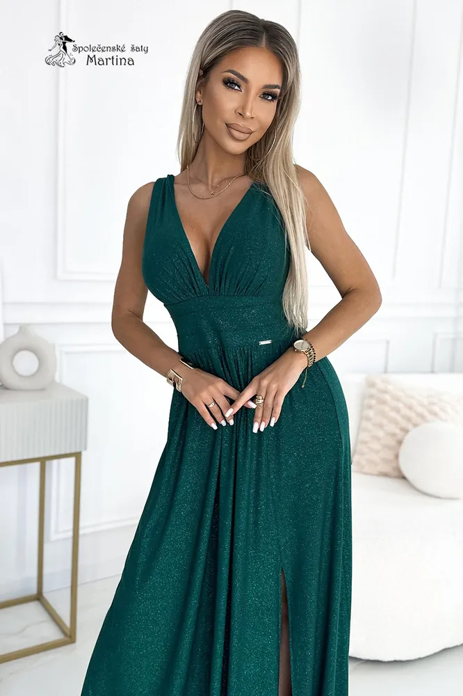 Lahvově zelené brokátové společenské šaty "Berenika" na široká ramínka