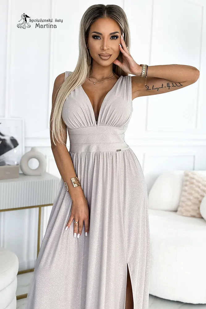 Béžové brokátové společenské šaty "Berenika" na široká ramínka