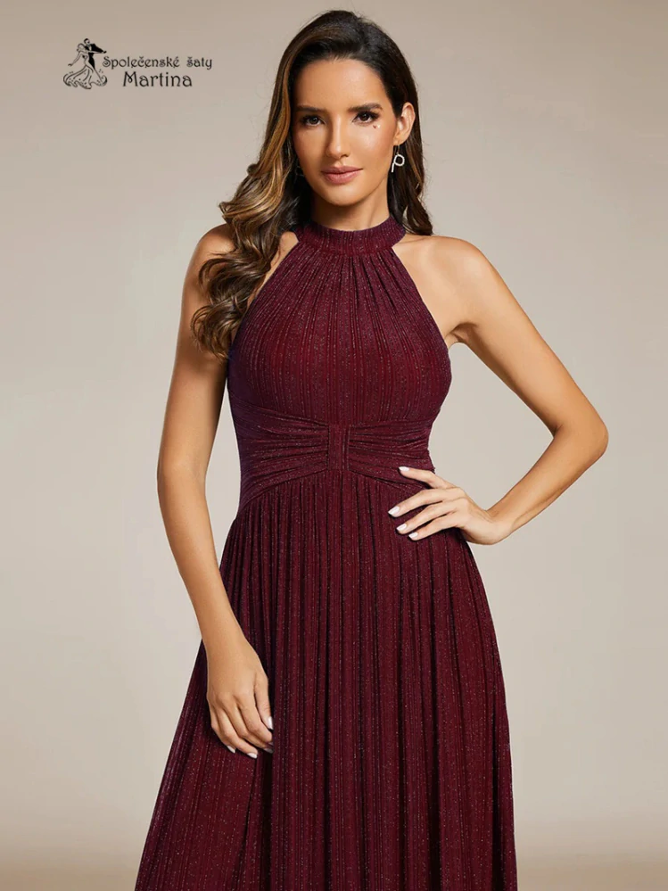 Vínové plisované společenské šaty s vysokým límečkem "Sheena" - vel. 34