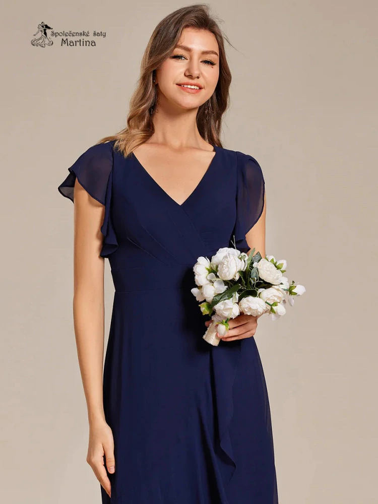 Dlouhé asymetrické tmavě modré šaty s volánovými rukávy "Alexina"