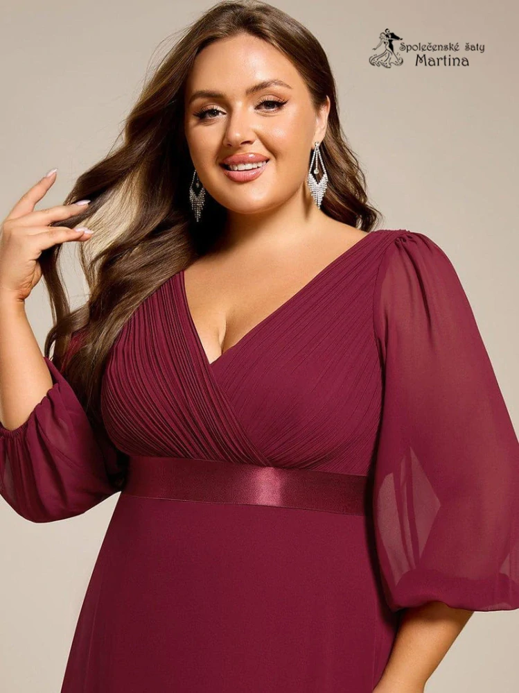 Dlouhé XXL vínové šifonové společenské šaty “Camelia” s 3/4 rukávem