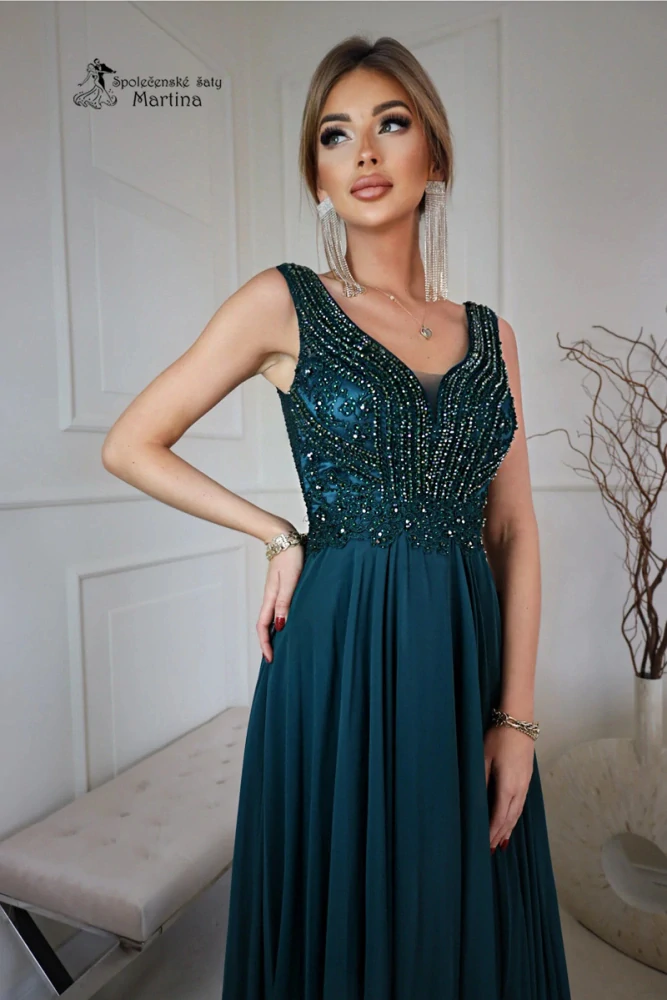 Luxusní lahvově zelené šaty "Campari" se zdobeným živůtkem a kolovou sukní