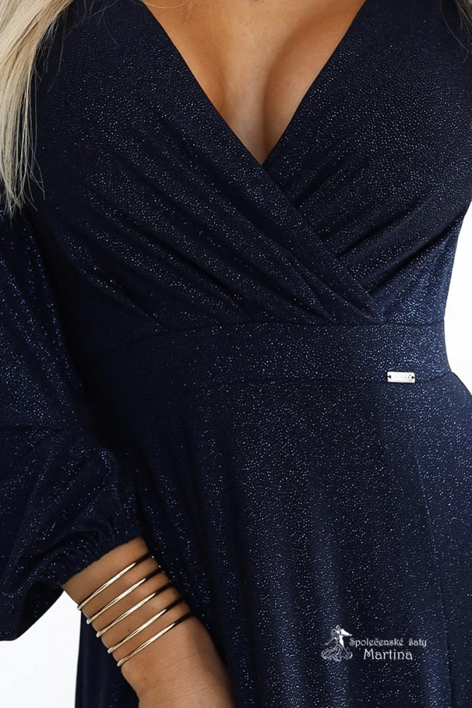 Tmavě modré brokátové dlouhé společenské šaty "Nela" s dlouhými rukávy - vel. XS