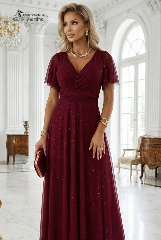 Vínové třpytivé společenské šaty "Melania" s volnými rukávky
