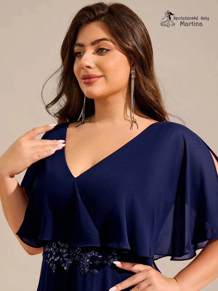 XXL tmavě modré šifonové šaty "Valentine" s netopýřími rukávy
