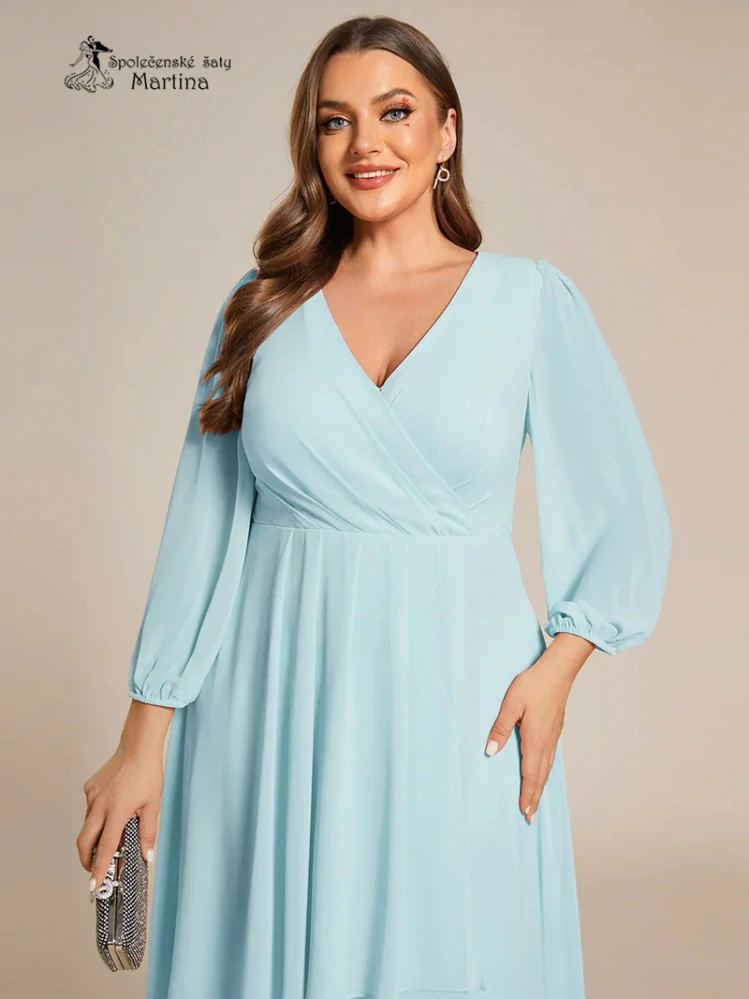 Světle modré midi asymetrické šifonové šaty s 3/4 rukávem "Hirah" - vel. 50