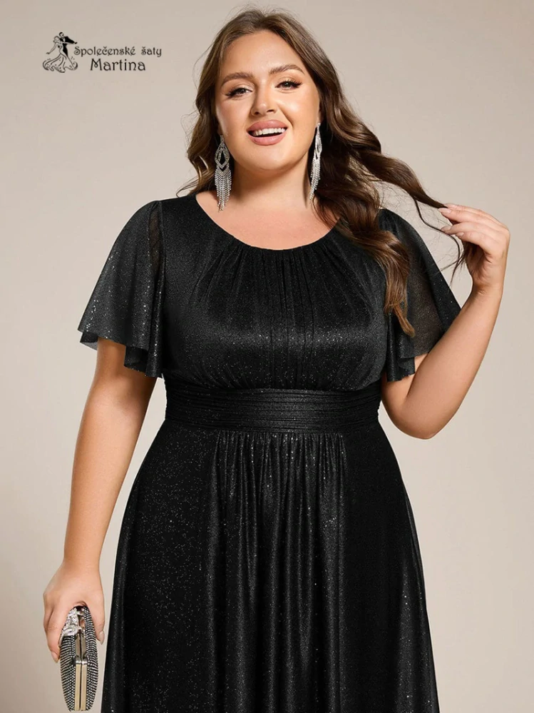 Černé plus size krátké midi jemně třpytivé šaty "Joel" s lodičkovým výstřihem