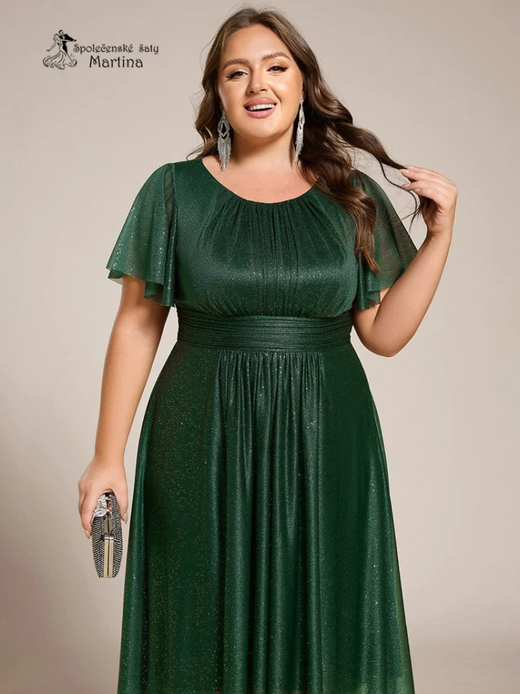 Lahvově zelené plus size krátké midi jemně třpytivé šaty "Joel" s lodičkovým výstřihem