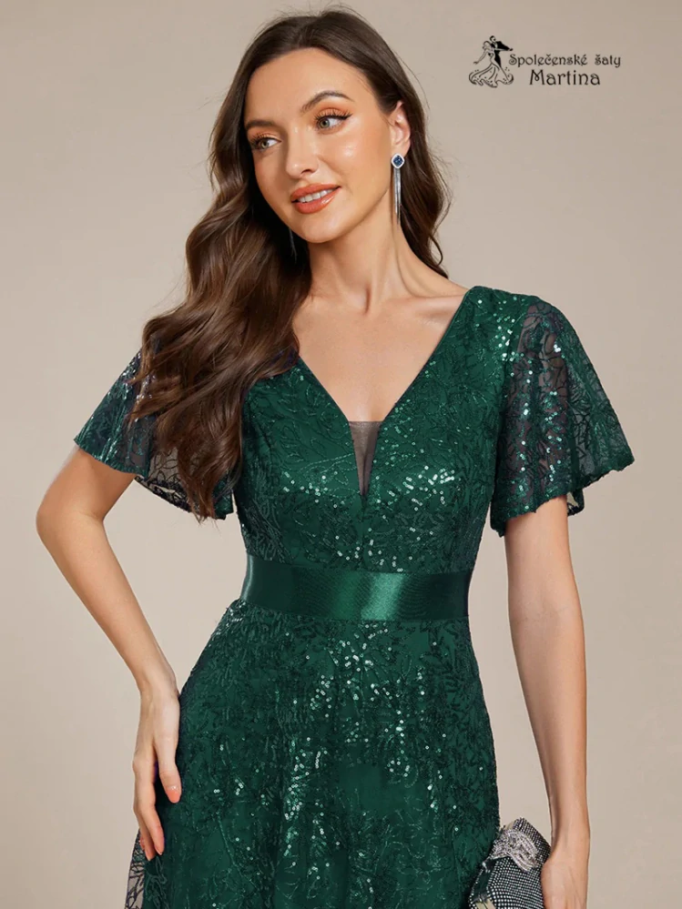 Lahvově zelené dlouhé večerní plesové šaty "Jami" s krátkým volným rukávem - vel. 46