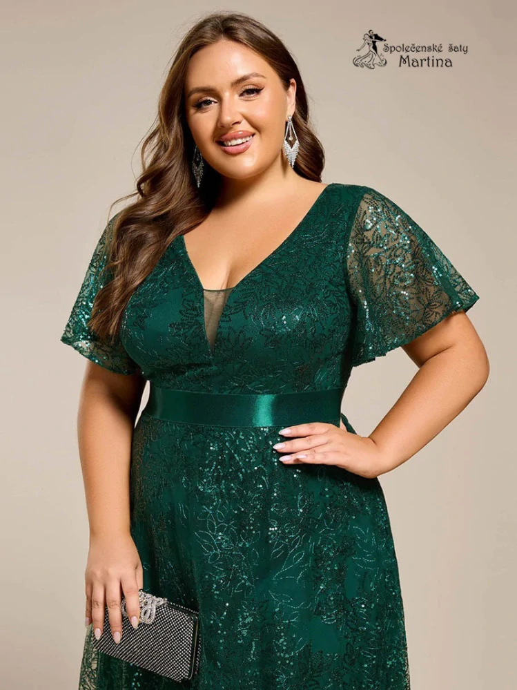 Lahvově zelené dlouhé večerní plesové šaty "Jami" s krátkým volným rukávem - vel. 50
