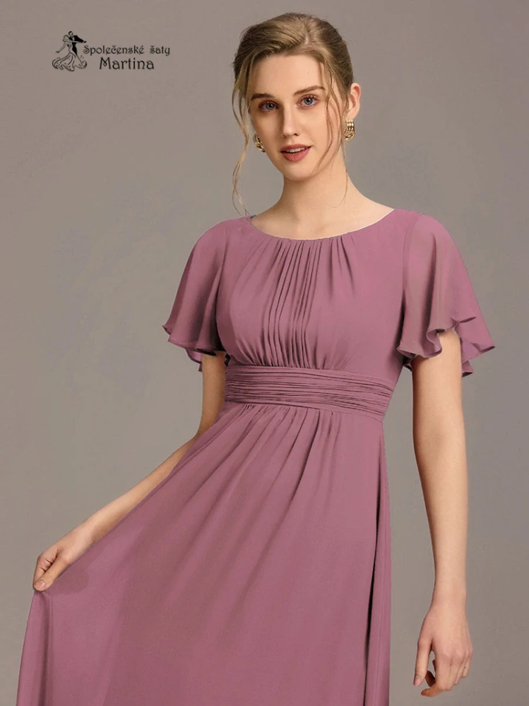 Starorůžové šifonové šaty s rukávkem a žabičkováním na zádech "Stela"