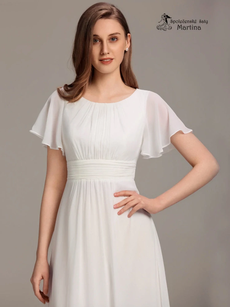 Bílé šifonové šaty s rukávkem a žabičkováním na zádech "Stela"