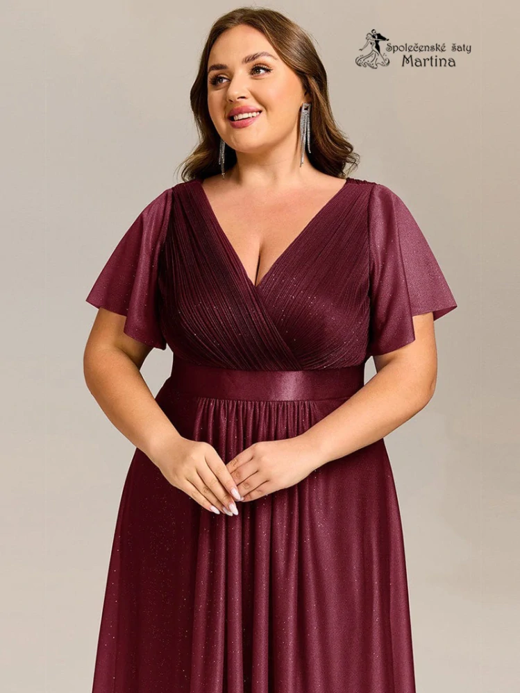 XXL vínové lehké, mírně asymetrické šaty "Bonita" s krátkými rukávy