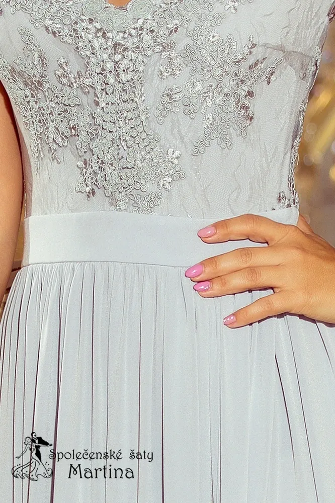 Dlouhé společenské šaty "Lea" s krajkovým živůtkem - šedé