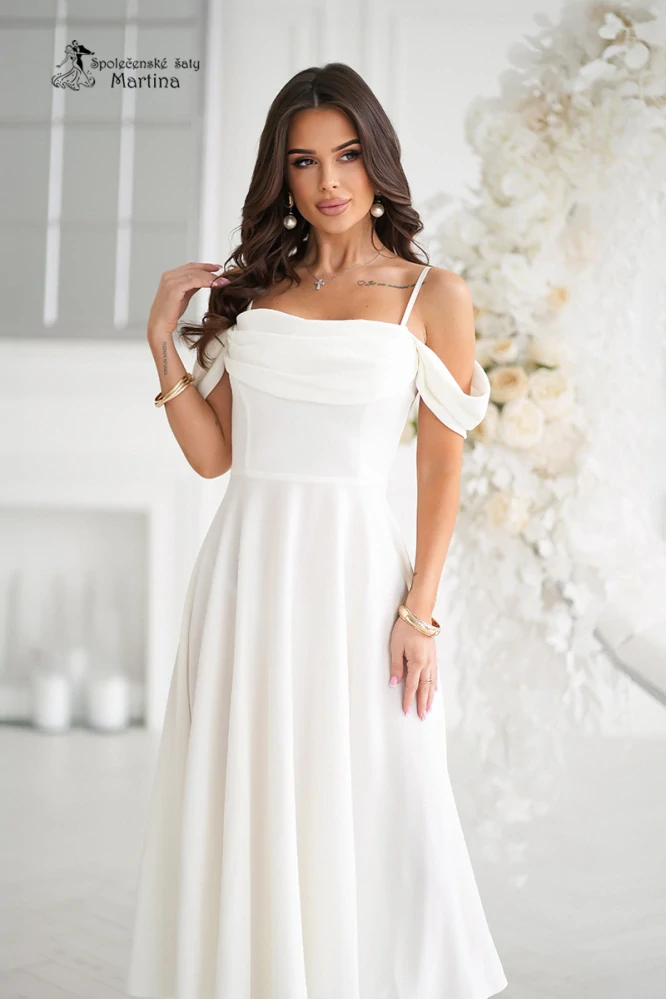 Ecru svatební či popůlnoční midi šaty "Sunshine" se spadenými ramínky