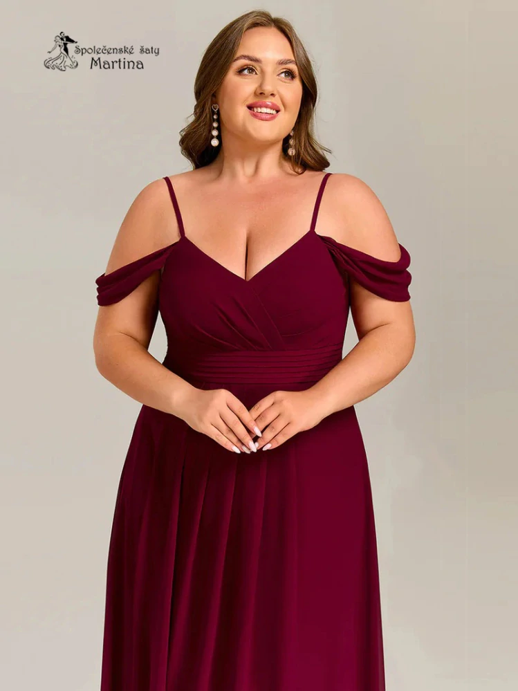 Vínové XXL šaty pro družičku či svatební hostku se spadenými rukávy "Emina"