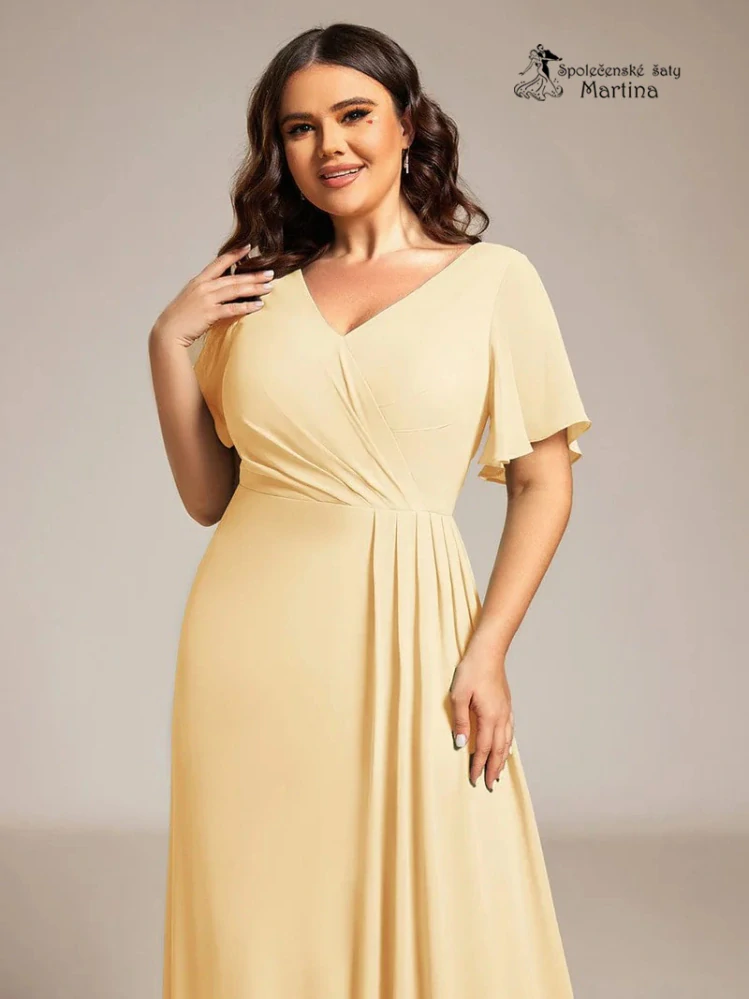 Elegantní žluté plus size společenské šaty s volnějším krátkým rukávem "Janine"
