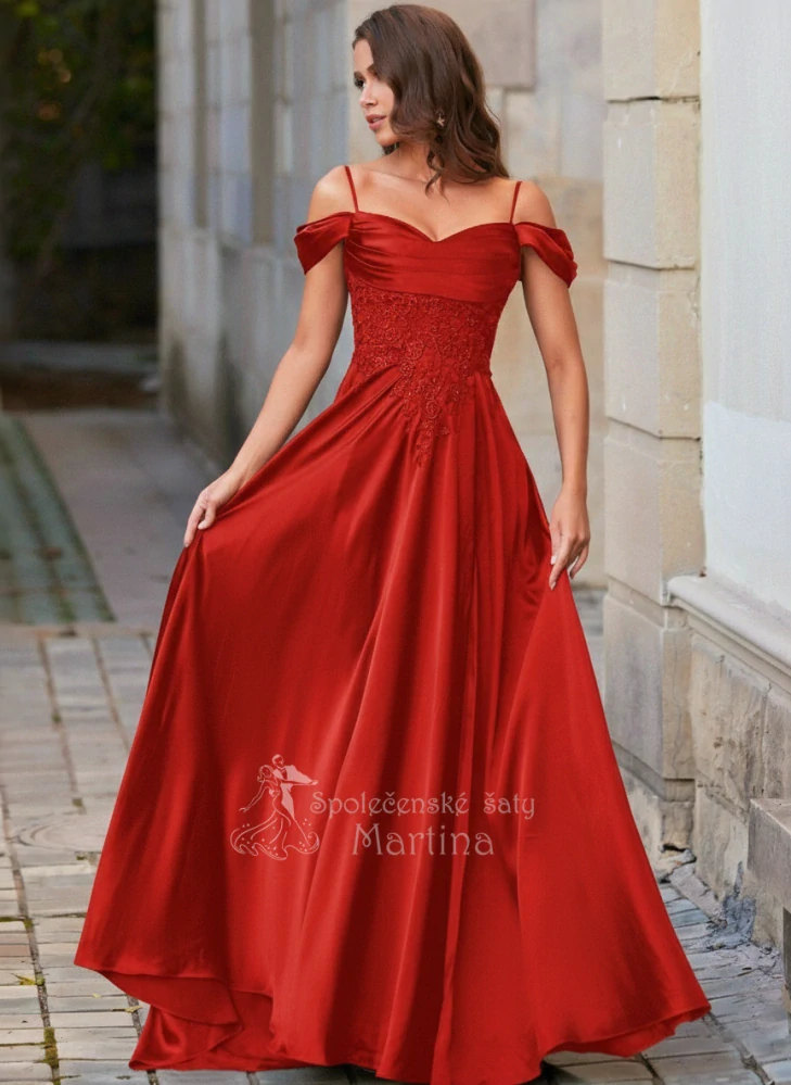 Červené saténové společenské šaty "Holly" s krajkovým korzetem a spadenými rameny - vel. 42