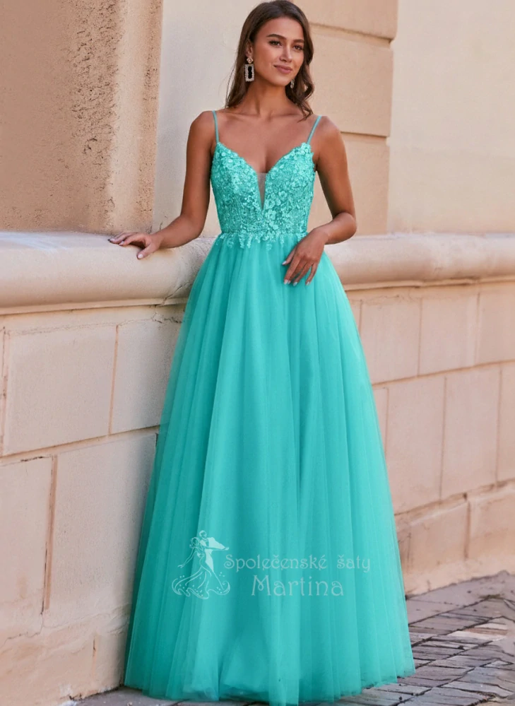 Mintové tylové společenské šaty "Ophelia" s vyšívaným živůtkem a hlubokým výstřihem