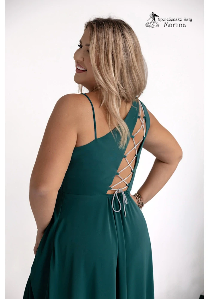 Lahvově zelené společenské šaty "Monako" na jedno rameno a šněrováním na zádech