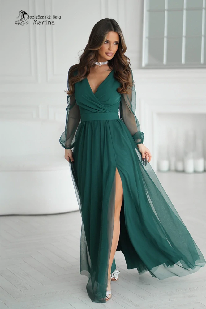 Lahvově zelené tylové společenské šaty "Alisha" s poloprůhlednými rukávy - vel. 40