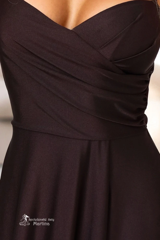 Čokoládové společenské šaty "Liddy" s rozparkem a řaseným živůtkem