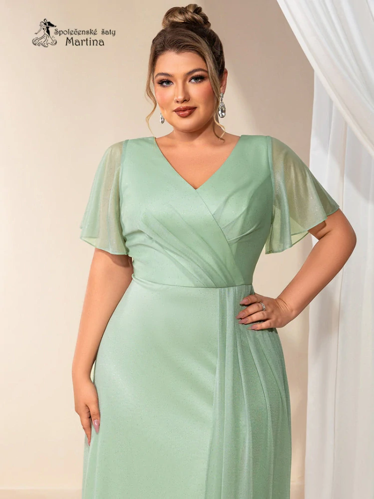 Zelenkavé společenské šaty "Jola" s jemným třpytem a motýlími rukávy - vel. 44