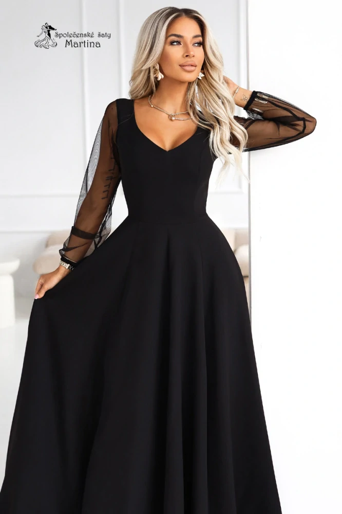 Černé dlouhé společenské šaty "Loretta" s jemnými rukávy z tylu