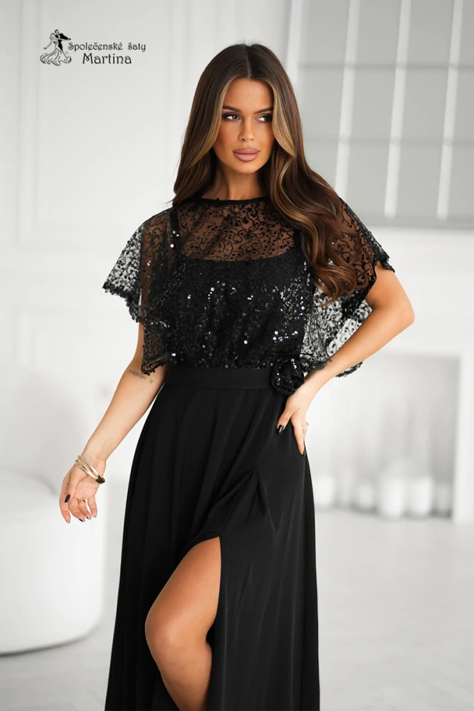 Černé společenské šaty "Phoenix" s flitrovým živůtkem a rozparkem - vel. 42