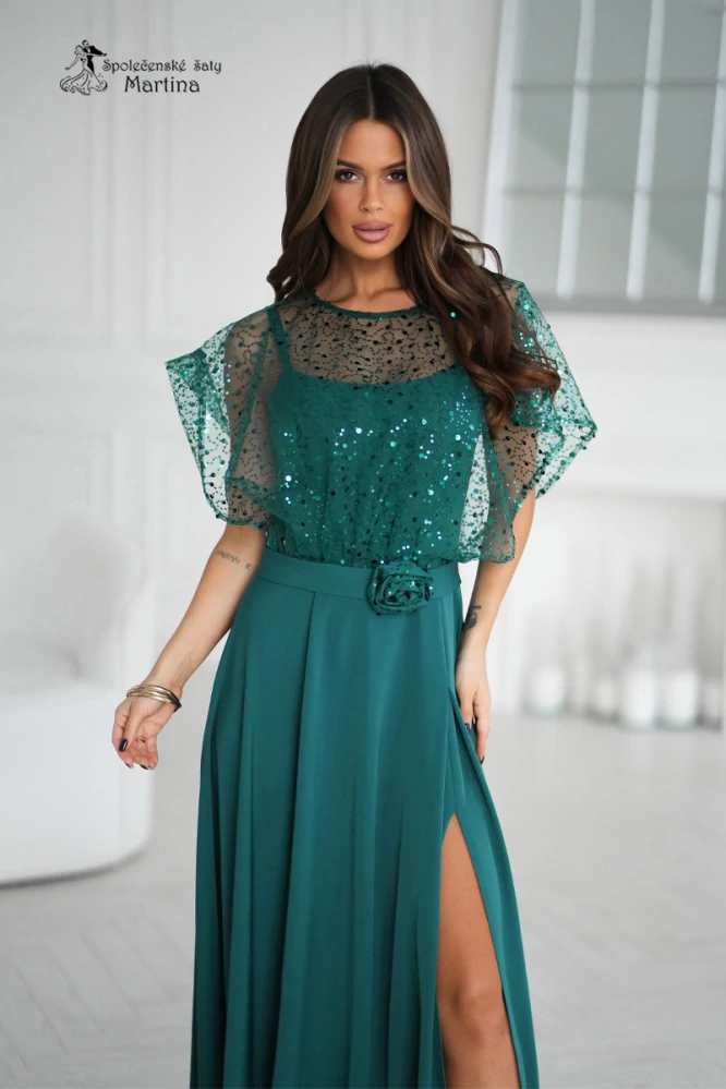 Lahvově zelené společenské šaty "Phoenix" s flitrovým živůtkem a rozparkem