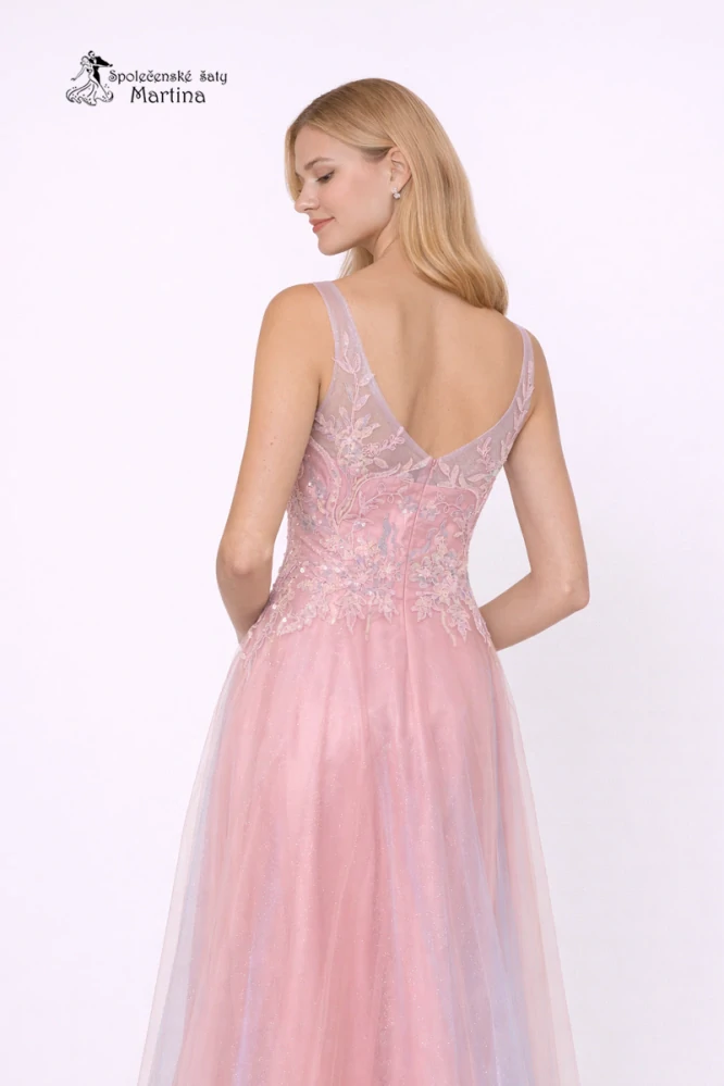 Růžové tylové společenské šaty "Inesa" s vyšívaným živůtkem