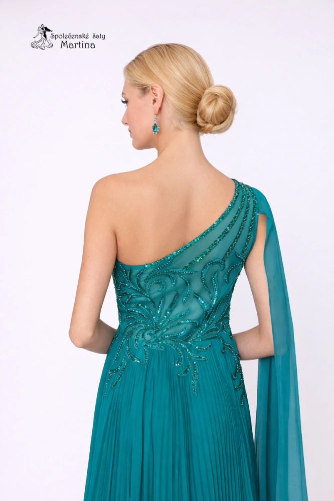 Tyrkysově zelené plisované společenské šaty "Adria" na jedno rameno 
