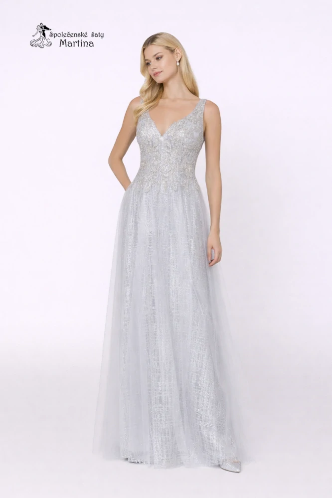 Šedo-stříbrné třpytivé společenské šaty "Kayla" s tylovou sukní a zdobeným živůtkem - vel. 40/42