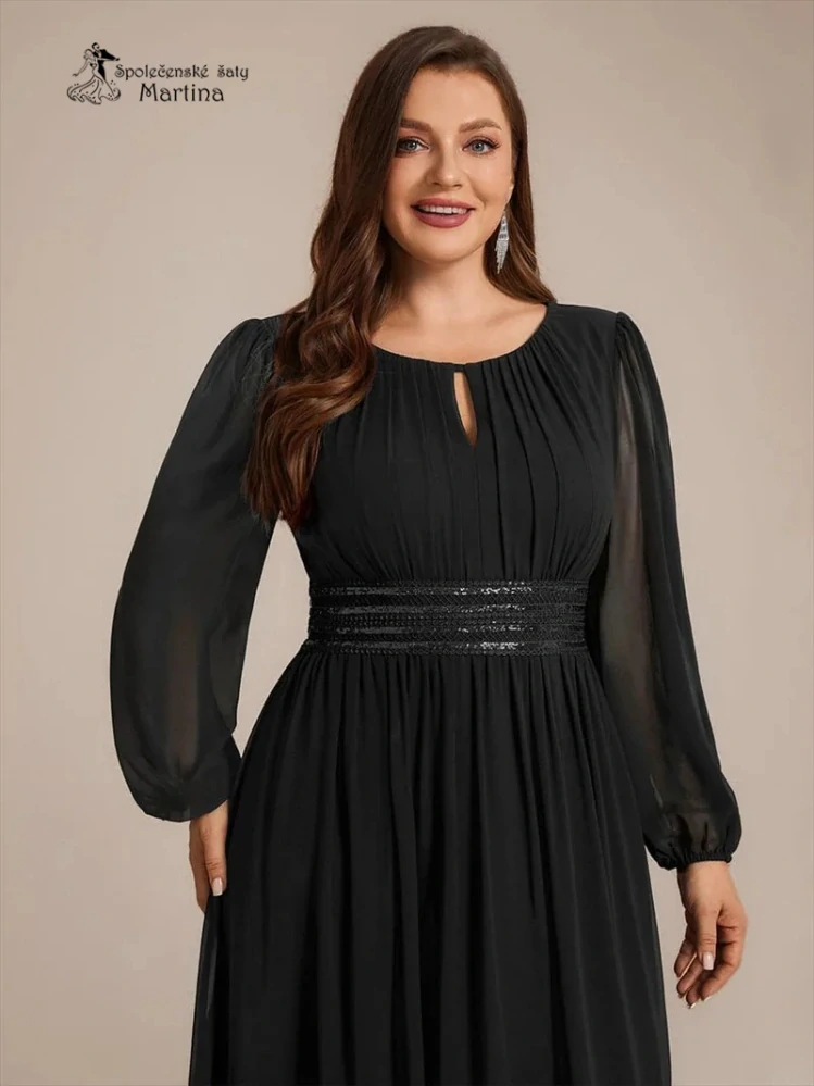 Černé plus size šifonové společenské šaty "Dorothy“ s flitrovým pasem a dlouhými rukávy