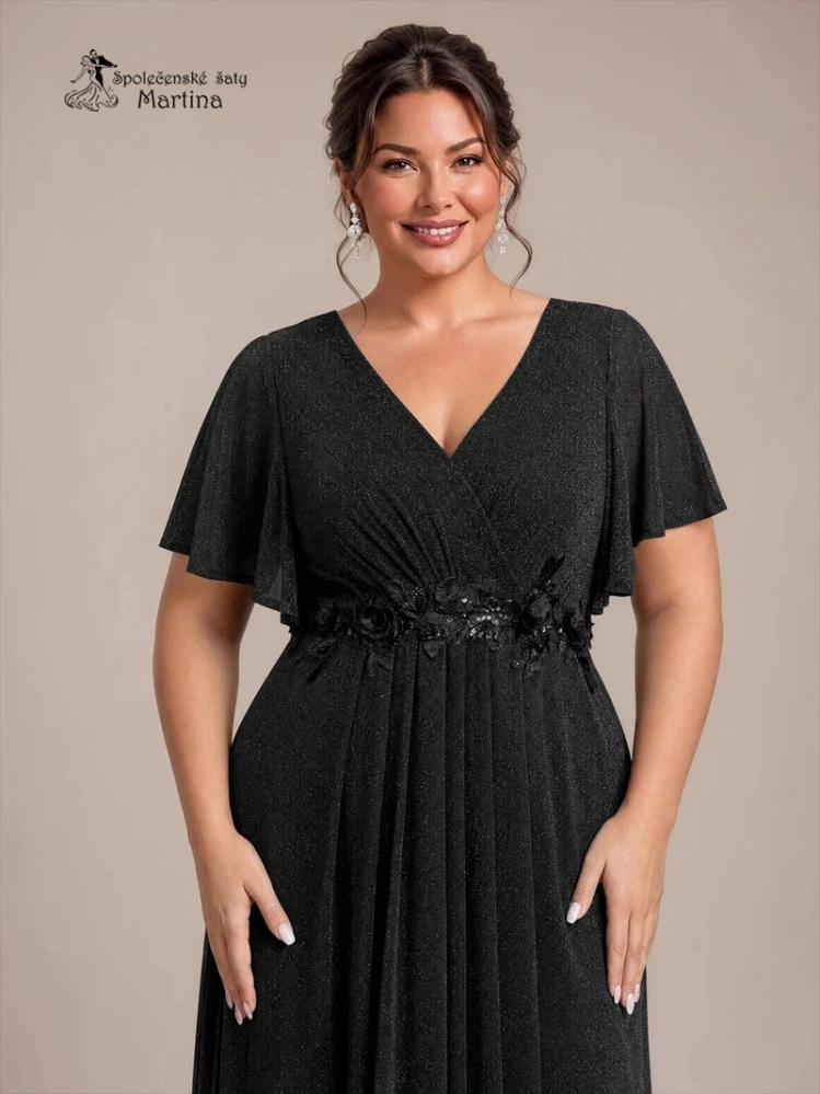 Černé plus size společenské šaty "Noelle" s třpytivou sukní a volnými rukávy