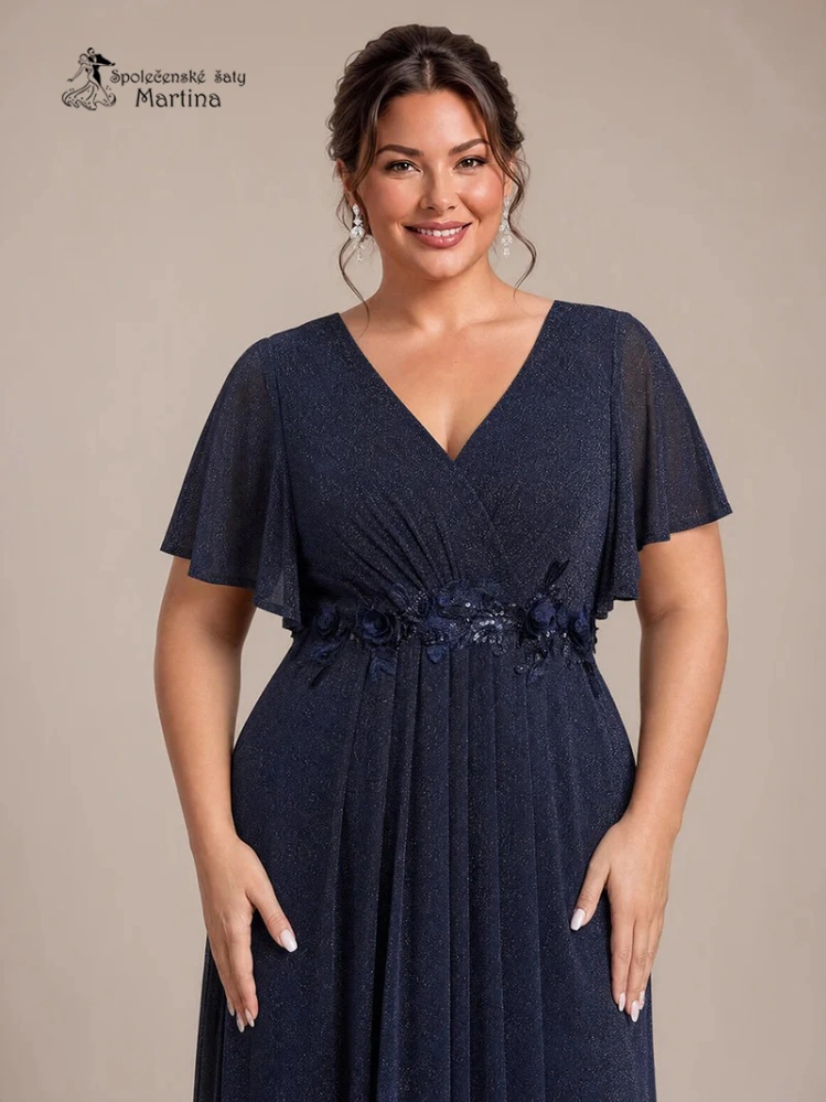 Tmavě modré plus size společenské šaty "Noelle" s třpytivou sukní a volnými rukávy