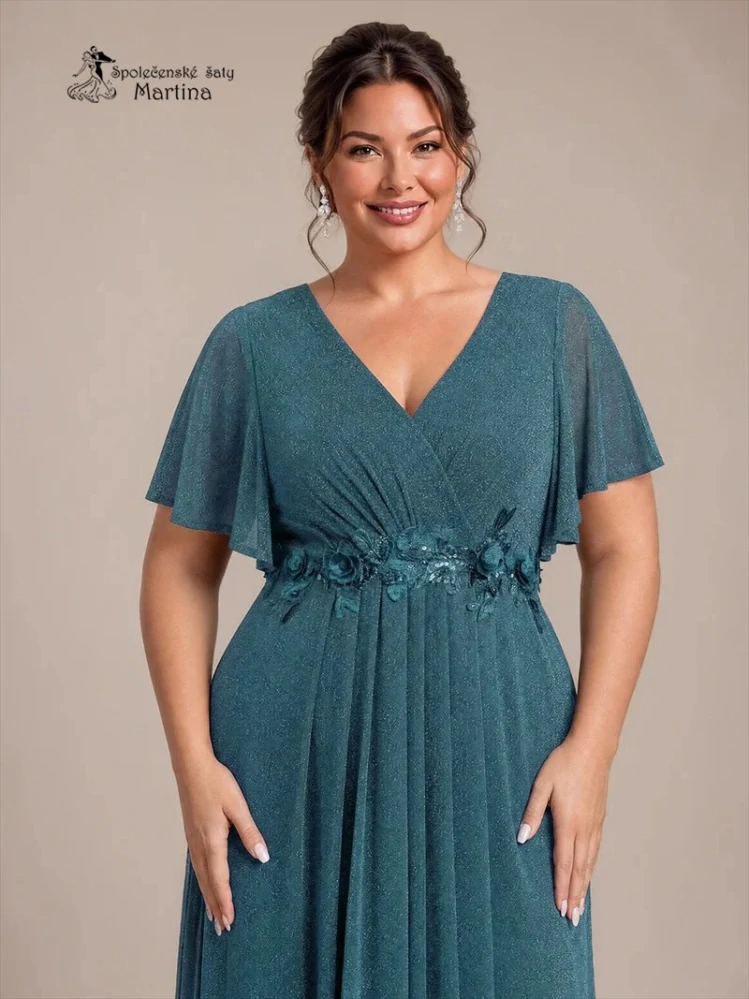 Petrolejové plus size společenské šaty "Noelle" s třpytivou sukní a volnými rukávy