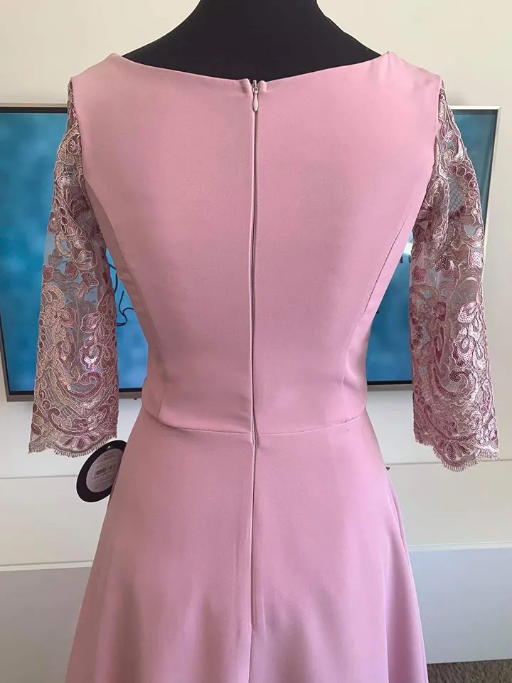 Pastel pink dlouhé společenské šaty "Roxy" s 3/4 rukávem - vel. 38