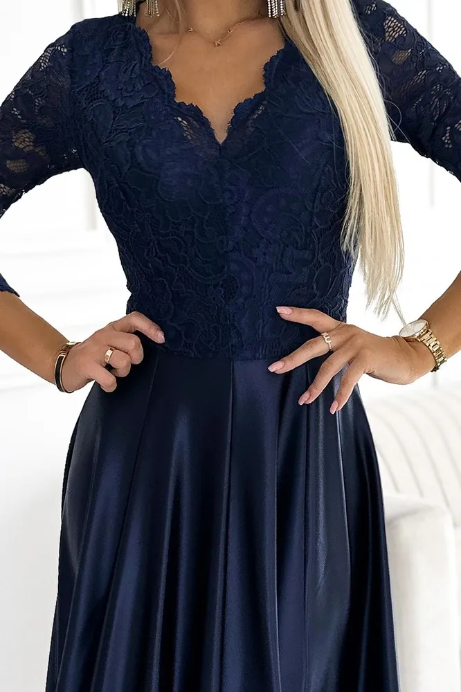 Tmavě modré šaty "Amber"s krajkovým živůtkem a saténovou sukní