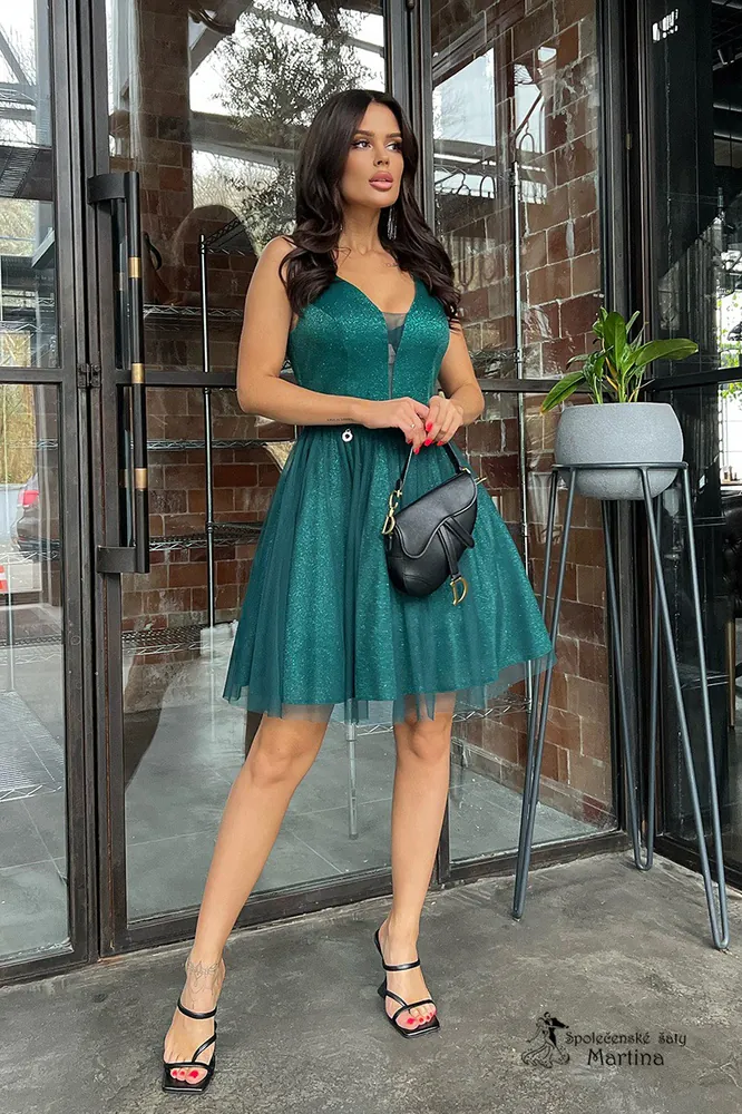 Lahvově zelené krátké třpytivé koktejlové šaty "Laurel"