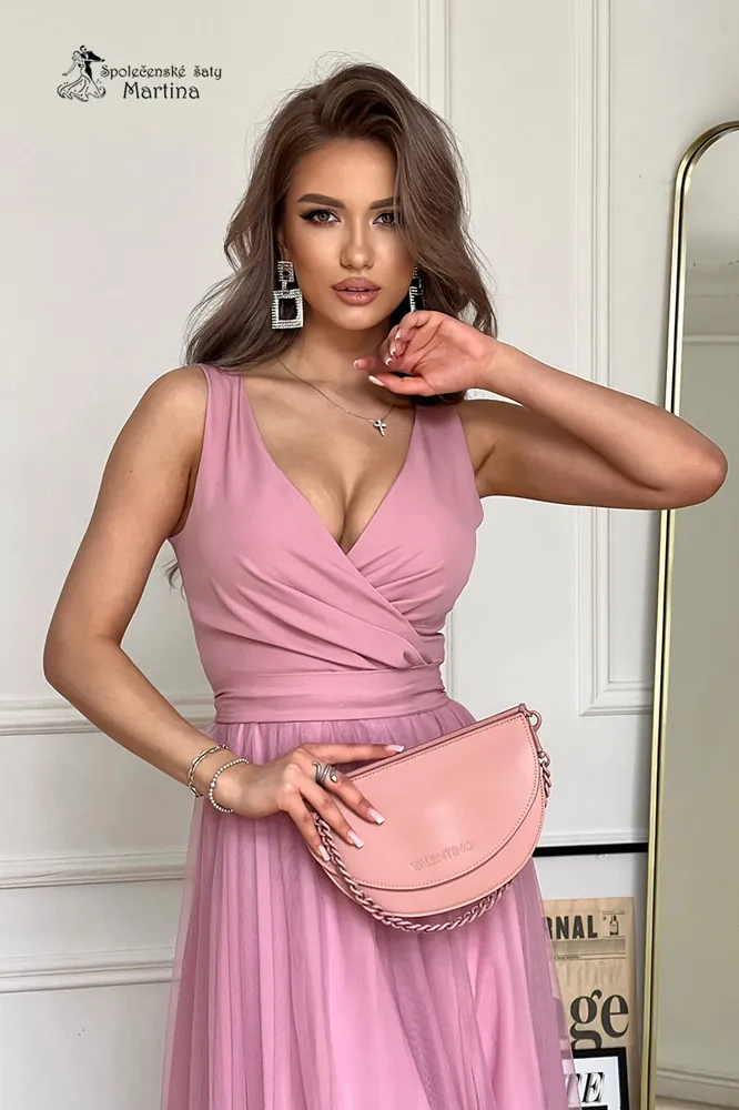 Dlouhé pudrově růžové šaty "Aggie" s jemnou tylovou sukní - vel. 44