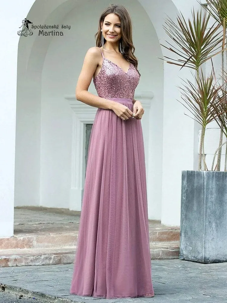 Dlouhé růžové společenské šaty "Milly" se špagetovými ramínky