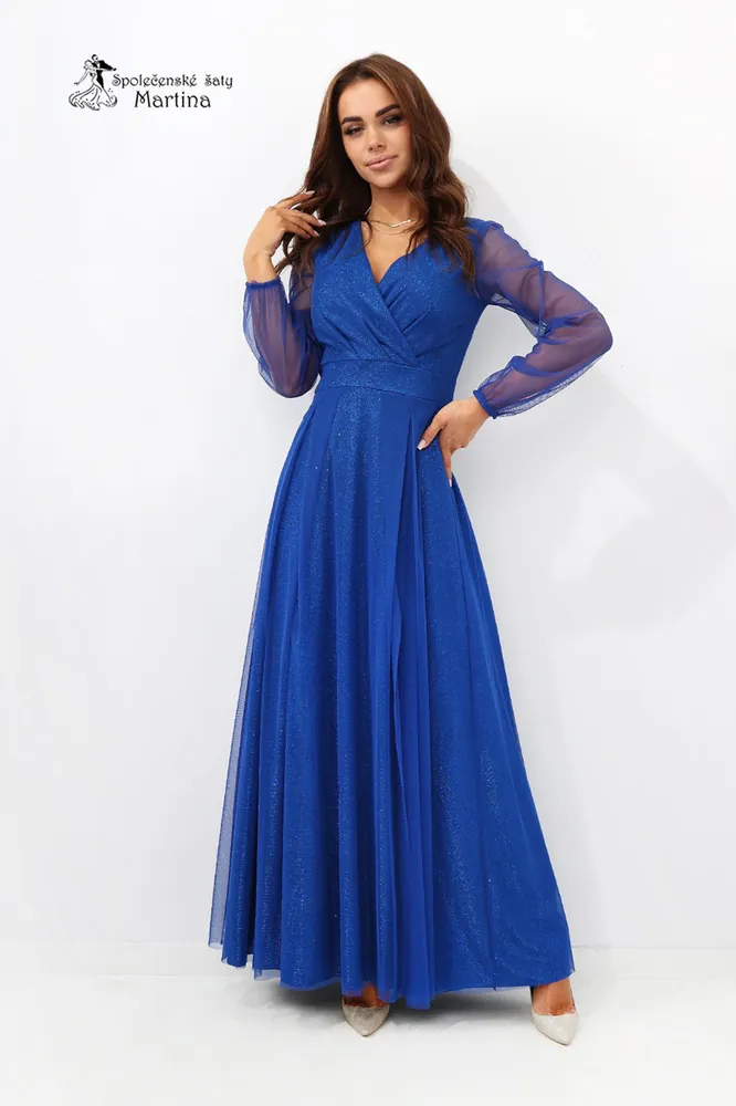 Královsky modré třpytivé tylové šaty s dlouhým rukávem "Zoey"